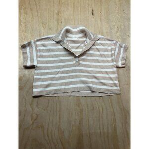 Anthropologie Women’s Oversized XS Cropped Sweater Tan White Striped Collar